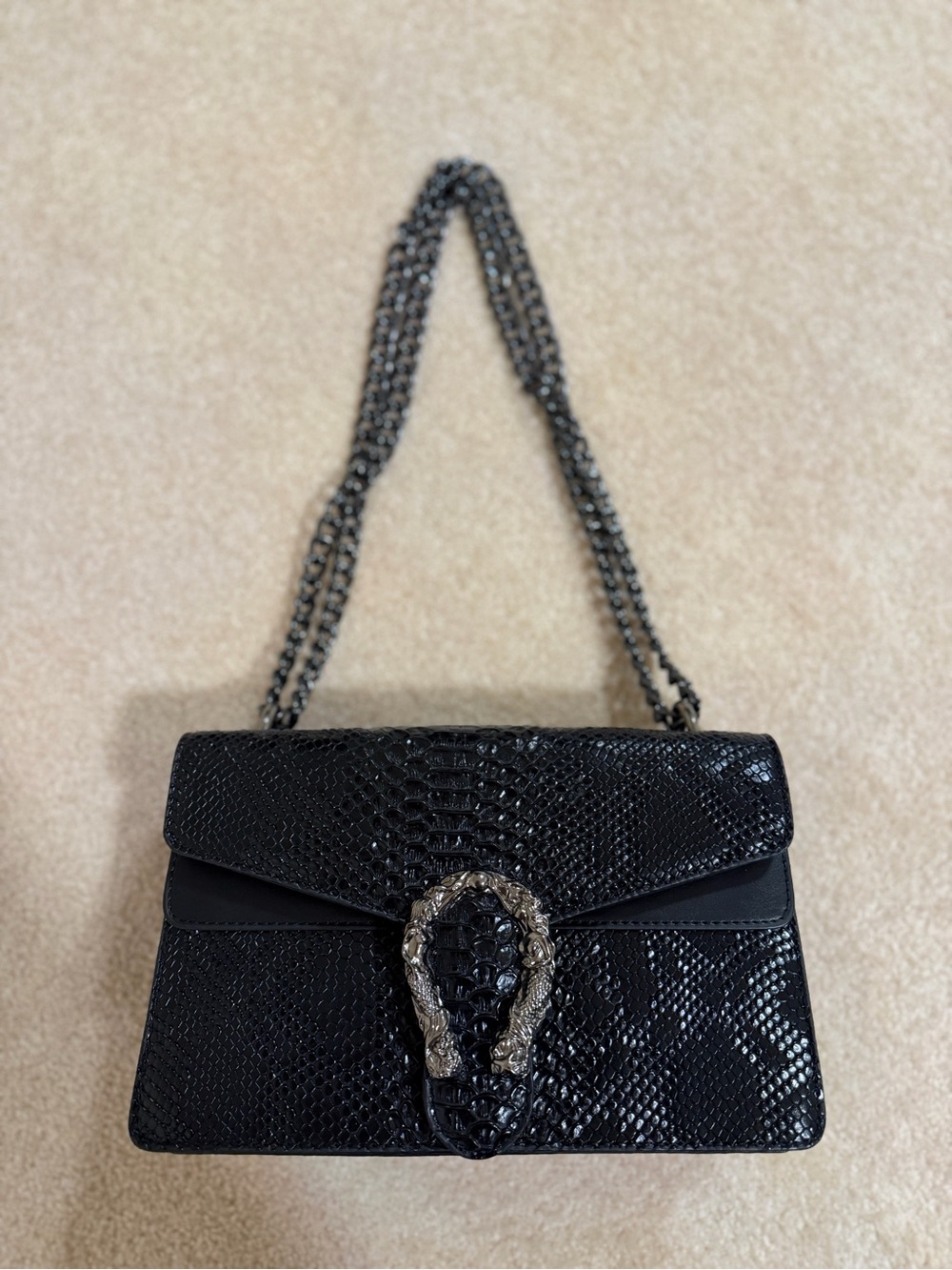 Black Snake-Texture Shoulder Bag with Chain Strap